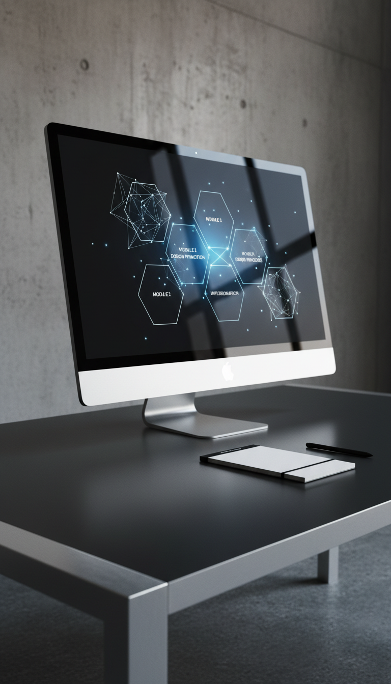 An ultra-modern workspace setup featuring a large, borderless monitor displaying a sleek, wireframe instructional e-learning module interface. The monitor rests on a pristine, matte black desk with anodized aluminum accents and a single stylized notepad. The minimalist concrete wall backdrop is softly out of focus, emphasizing the technology and its clean lines. Intense overhead lighting creates pronounced shadows beneath the monitor and highlights its reflective surface, imbuing the scene with a decisive, energetic mood. Captured at a slightly low, three-quarters angle, the photographic realism and bold style align perfectly with a forward-thinking instructional design aesthetic.