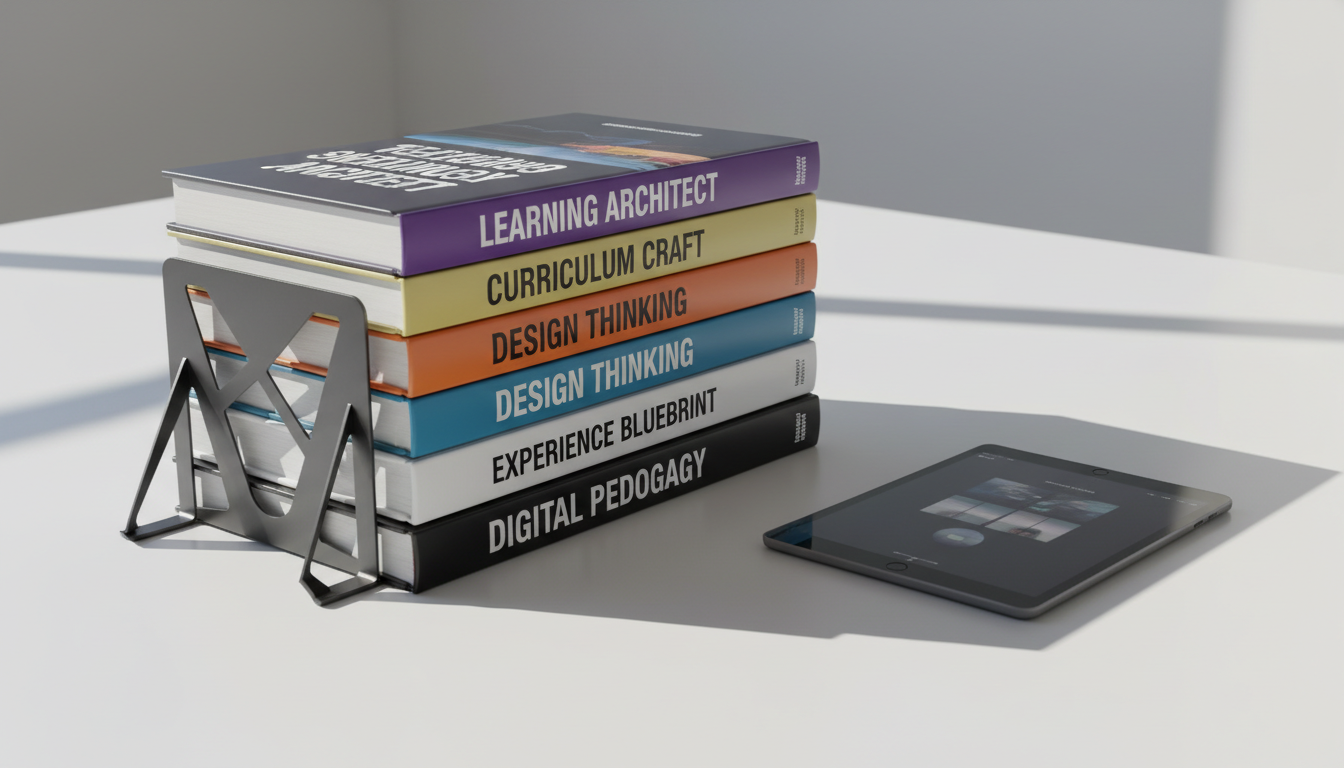 A meticulously arranged stack of vibrant hardcover instructional design resource books, each with bold-spined typography and glossy finishes, sits atop a smooth matte-white minimalist desk. Geometric metal bookends and a sleek digital tablet rest beside the stack, amplifying the fusion of tradition and technology. Sharp, directional studio lighting cascades across the scene, casting long, crisp shadows and accentuating the saturated colors of the book covers. The overall mood is dynamic and confident, invoking a sense of creative energy and expertise. Captured from a slightly elevated frontal angle, the composition uses a clean photographic realism with negative space to highlight the subject's boldness and contemporary flair—perfectly reflecting an innovative instructional design portfolio.