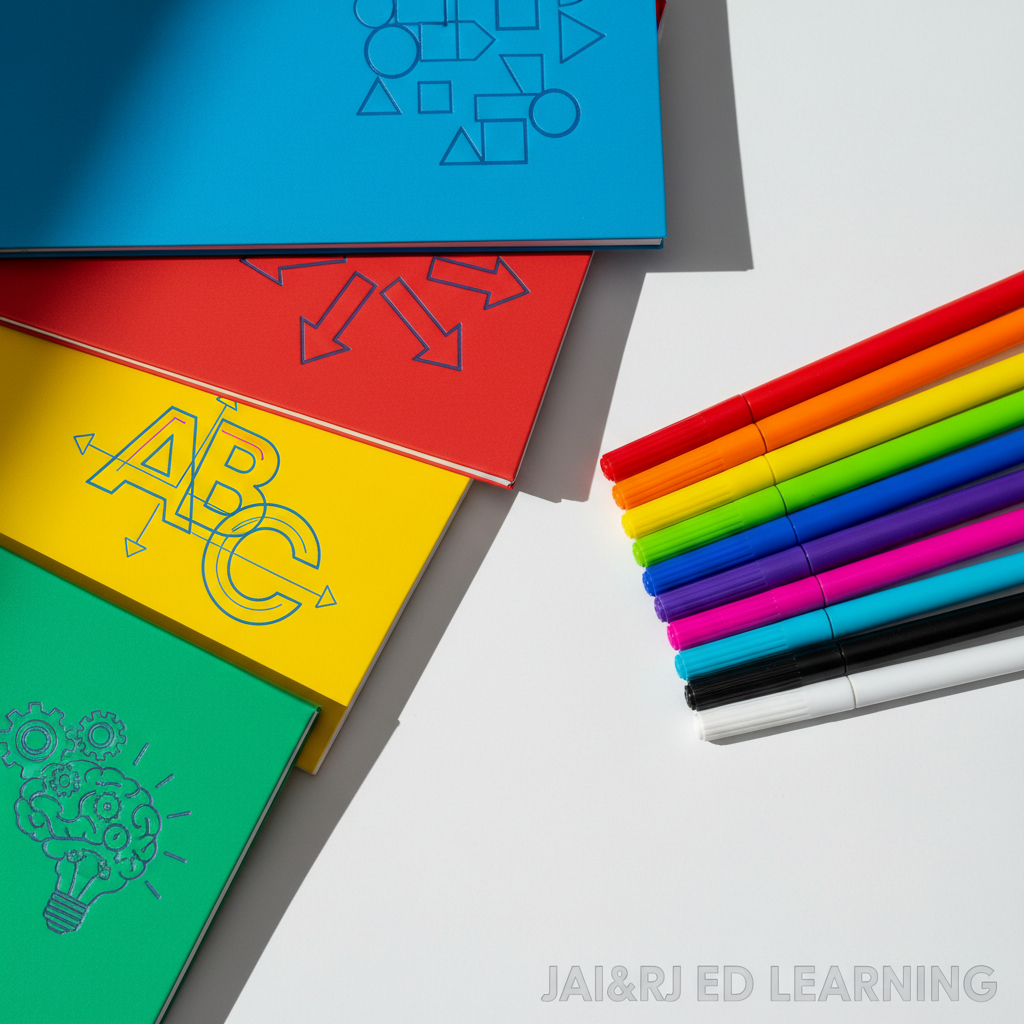 A sharply lit, high-contrast close-up of a stack of colorful sketchbooks and a set of bright, uncapped markers arranged diagonally on a matte white surface. Each sketchbook features a bold, embossed design relating to learning concepts—geometric shapes, arrows, and stylized letters in vivid primary hues. Directional lighting from the upper right creates crisp, intentional shadows and intense color saturation across the scene. Shot overhead with a tight, asymmetrical crop, the composition exudes creativity and confidence, reinforcing the bold, practical approach Jai&RJ Ed Learning brings to educational design. The style is minimalist yet vibrant, drawing attention powerfully to the tools of the trade.