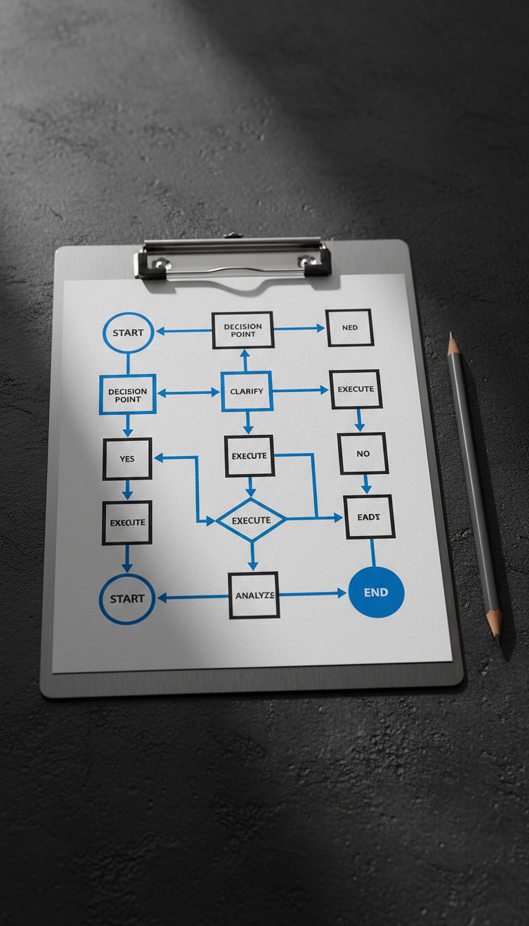 A close-up of a beautifully designed, thick matte cardstock instructional flowchart in monochrome with pops of cobalt blue, clipped neatly to a metallic clipboard. It rests on a sparse, black-textured tabletop with a single, precision-milled pencil beside it. Razor-sharp directional lighting enhances the rich textures and creates deep, well-defined shadows, giving the scene a sense of formality, clarity, and decisiveness. The angle is eye-level, centered, and employs photographic realism with a minimalist aesthetic—an ideal visual metaphor for clear, impactful instructional design processes.