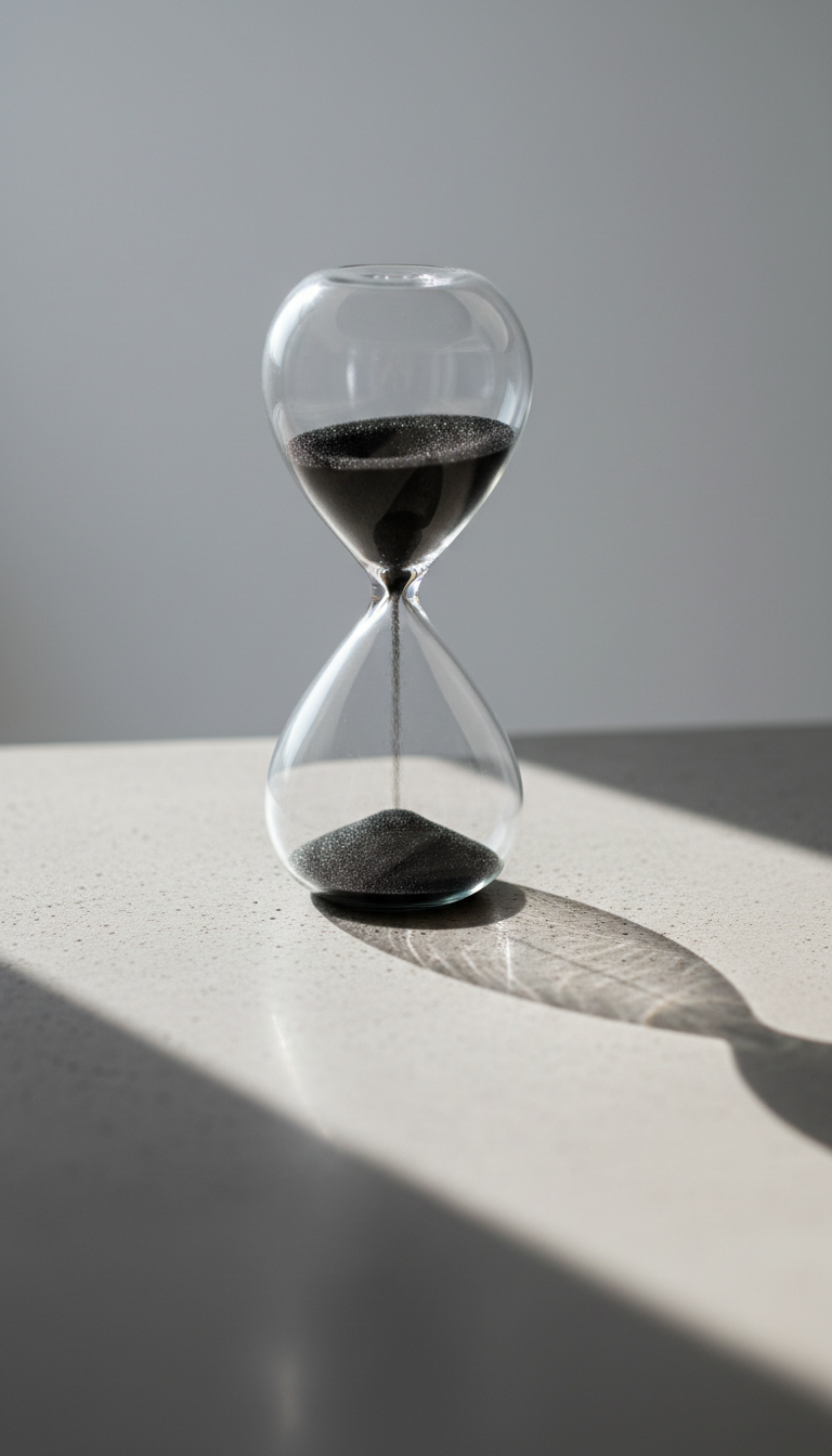 A close-up of a beautifully crafted, modern glass hourglass filled with ultrafine jet-black sand grains, mid-flow, resting on an elegant concrete slab. Behind, a minimal background in pale gray fades smoothly out of focus, enhancing the hourglass's sculptural presence. Dramatic side lighting from the left produces stark contrast, throwing crisp, elongated shadows that echo the time-passing motif. The scene is composed at eye level with a balanced central framing, evoking a sense of urgency, precision, and focus—qualities essential to high-impact educational design. The image employs a bold minimalist photographic style, underscoring the importance of time and thoughtful pacing in learning.